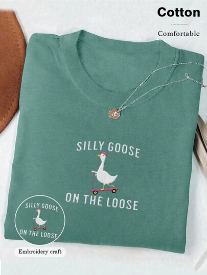 INAWLY Plus Size Summer Casual Cartoon Letter Embroidered T-Shirt