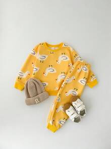 THE HAPPY LOOK 2pcs/Set Young Girl Cartoon Animal Print Soft Knit Crew Neck Long Sleeve Pullover Sweatshirt And Elastic Waist Pants - Yellow - View 3