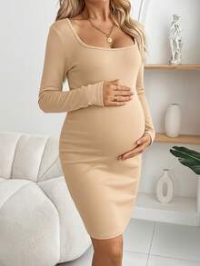 SHEIN 孕妇休闲日常通勤简约纯色褶皱修身保暖羊毛连衣裙，秋冬 - 杏色 - 查看 7