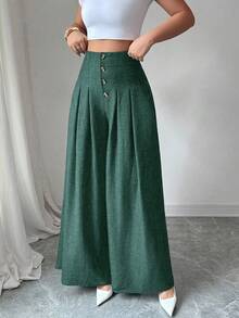 Elenzga Quần ống rộng xếp ly đơn giản màu trơn cao cấp thời trang nữ - Màu xanh lá cây đậm - Xem 4