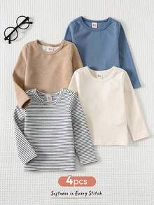 Cozy Pixies 4件套男婴/女婴柔软针织条纹纯色圆领长袖T恤和连体衣 - 彩色 - 查看 3