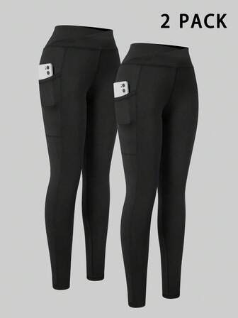 SHEIN 少女两件套紧身裤，黑色修身瑜伽裤，适合健身、慢跑、骑行等运动，时尚百搭的修身运动裤，腰部设计，单侧口袋