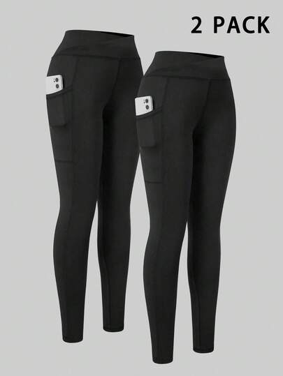 SHEIN Tween Girls 2pcs Leggings, Slim-Fit Black Yoga Pants, Fitness, Jogging, Cycling, Fashion Versatile Skinny Sports Trousers With Waistband Design And Single Side Pocket