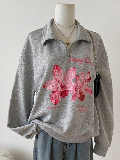 Sweetra Young 少女休闲时尚新款韩版卫衣，正面花卉印花设计，灰色纯色半拉链领，长袖罗纹袖口和下摆，适合秋冬季休闲、上学、日常穿着、旅行、聚会和拍照