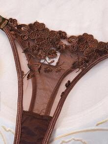 2pcs Sky Blue Embroidered Lace-Up Women's Lingerie Set Lace Lingerie Set Tie Side Panty Brown Lingerie Brown Lace Bra Sheer Lingerie Set Lace Bra Set Garter Belt Lingerie Set Bras For Women 3 Piece Lingerie Set - Coffee Brown - View 5