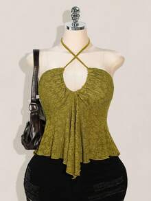 SHEIN ICON Plus Size Criss-Cross Halter Backless Jacquard Yellow Crop Top, Suitable For Summer, Vacation, Y2K - Green - View 1