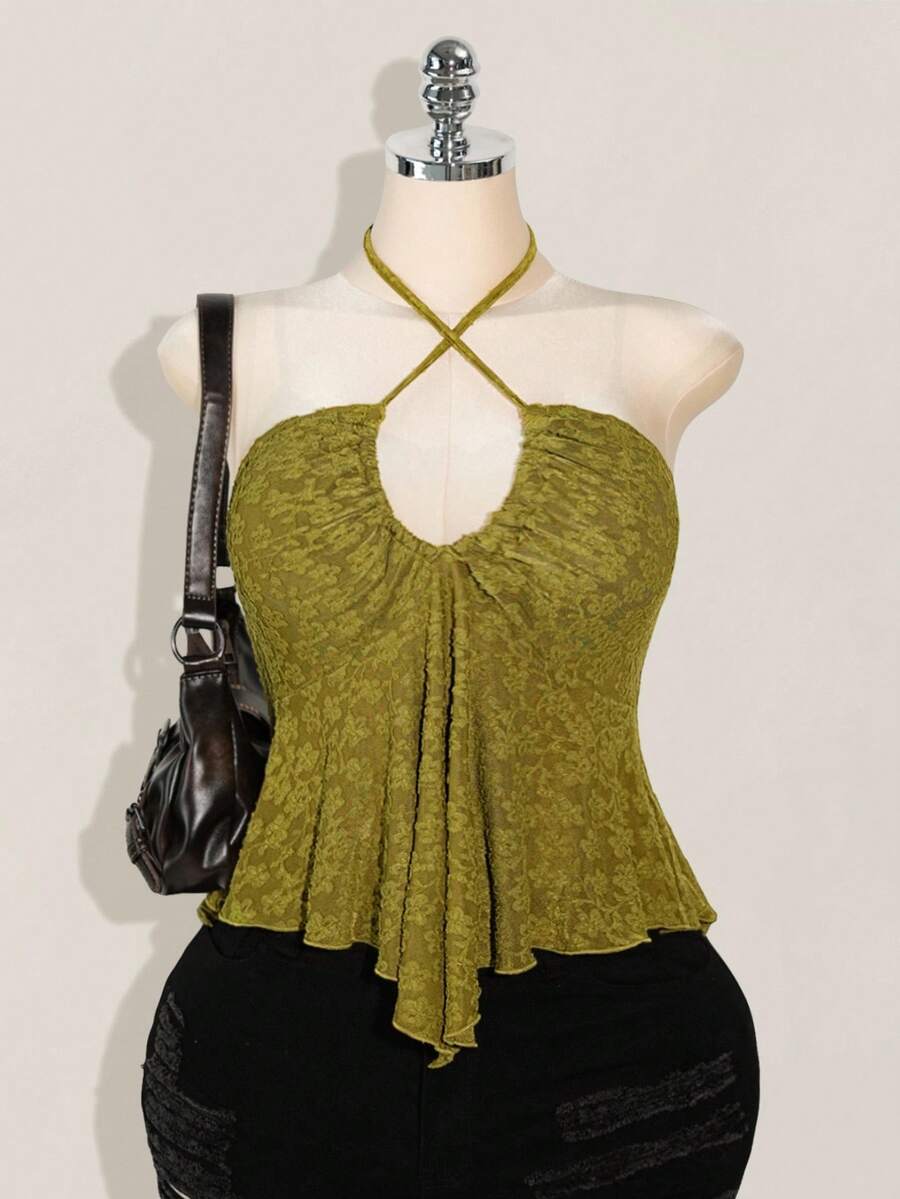 SHEIN ICON Plus Size Criss-Cross Halter Backless Jacquard Yellow Crop Top, Suitable For Summer, Vacation, Y2K - Green - View 1