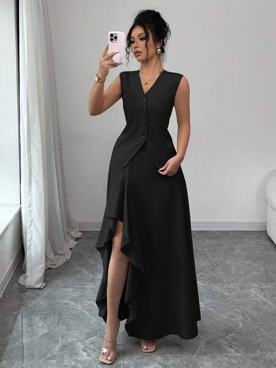 Elenzga Grey Sleeveless A-Line Elegant Minimalist 2 Pieces Set For Women - Black - View 1