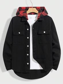 Teen Boy Fashion Casual Y2k Vintage Cool Street Red And Black Checkered Christmas Elements Hooded And Patchwork Design Featuring Streetwear Mix Of Pockets And Black Denim Loose Long-Sleeved Denim Jacket For Teen Boy Clothes Teen Boy Dailywear And Teen Boy Winter And Fall Rave Outfits Festival And Outfits Streetwear Clothes Teen Boys Collard Jackets - Black - View 6