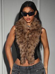 Jeanoix Women's Autumn/Winter Faux Fur Patchwork Lapel Vest Jacket - Black - View 4