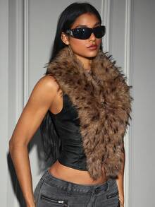 Jeanoix Women's Autumn/Winter Faux Fur Patchwork Lapel Vest Jacket - Black - View 5