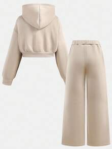Girlism 少女休闲针织连帽卫衣和卫衣套装 - 卡其色 - 查看 2