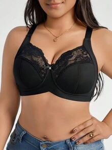 1pc Plus Size Lace Patchwork Wireless Bra, Lift - Black - View 7