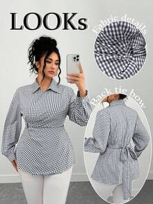 Elenzga Chemise à manches longues à carreaux bleus et blancs de style minimaliste pour femmes grandes tailles - Bleu azur - Voir 1