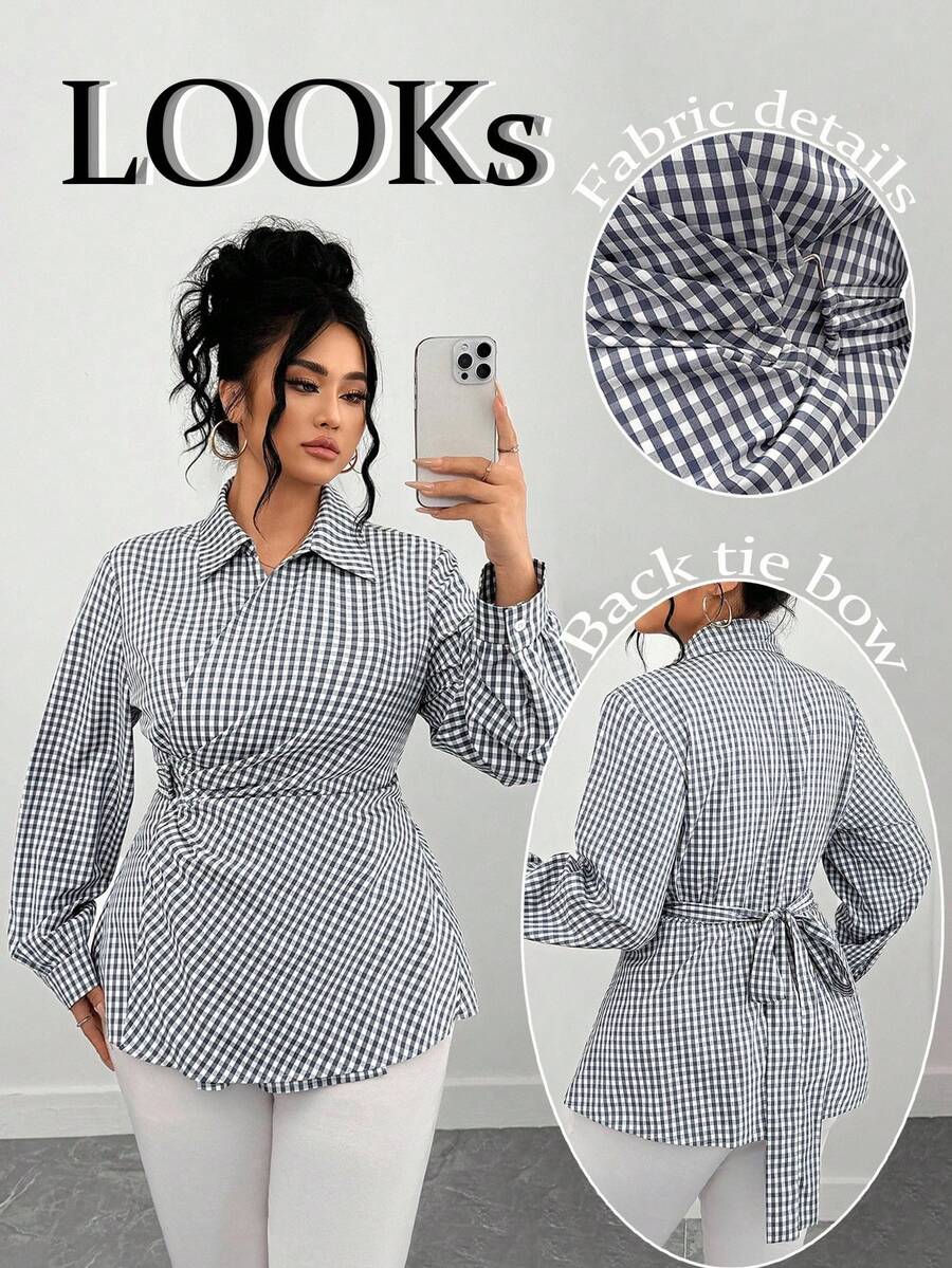 Elenzga Chemise à manches longues à carreaux bleus et blancs de style minimaliste pour femmes grandes tailles - Bleu azur - Voir 1
