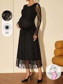 MaterniWear 孕妇圆领撞色蕾丝长袖修身优雅连衣裙 - 黑色 - 查看 8