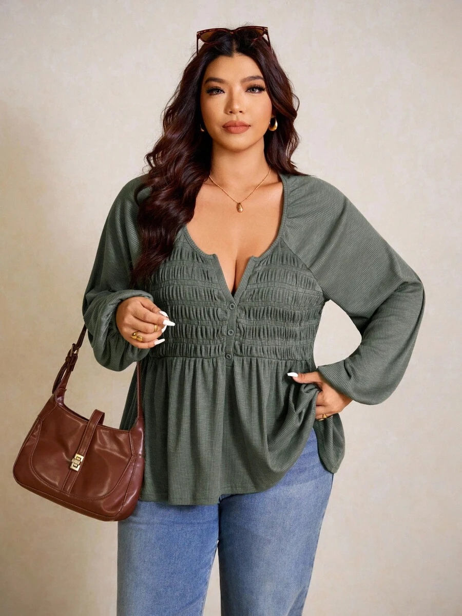 Elaquor Camiseta Casual Minimalista com Botões e Manga Farol, Plus Size, Outono - Verde - Visão 1