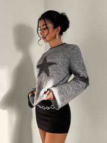 EgrlEra New Women's Autumn/Winter Single Piece Five-Pointed Star Jacquard Design Flared Cuff Korean Style Elegant Sweet Date Knit Pullover