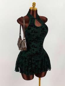 Amplova Retro Mandarin Collar A-Line Dress Dark Green Dress Short Green Dress Halter Neck Dress For Woman Night Club Dress,Party Dresses For Women,Christmas Party Dress - Multicolor - View 6