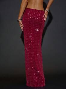 SHEIN BAE Burgunderroter Strass-Kristall glänzender eng anliegender Rock für Frauen, geeignet für Party, Nachtclub, Cocktailparty, Bankett, Nachtausflug, Tanz, Date, Herbst/Winter Layering, Weihnachten Damen, Party, Pailletten Rock, roter Rock