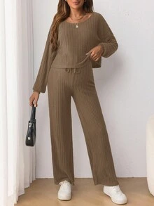 SHEIN 2pcs Maternity Casual Set: Round Neck Long Sleeve T-Shirt And Adjustable Drawstring Waist Loose Fit Bowknot Pants Brown Two Piece Set Knit Two Piece Set Two Piece Lounge Set Ribbed Two Piece Set Comfortable Two Piece Set - Coffee Brown - View 5
