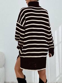 EURMUSE Women Stiped Knit Design Knit Dress With Zipper Detail - Brown - View 2