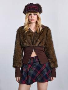 ROMWE Hippie Women's Fuzzy Zip-Up Collar Long Sleeve Jacket, Fashionable Regular Fit, Autumn/Winter - Brown - View 5