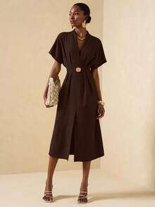 Vesra Women's Waist Cinched Metal Decor Button Short Sleeve Solid Color Split Hem Dress Chocolate Brown Dress - Coffee - View 6