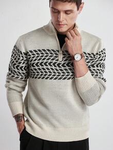 Manfinity Homme Áo len chui đầu tay dài cổ khóa kéo họa tiết hình học cho nam Sumwon Twilight, Thu Đông - trắng - Xem 4