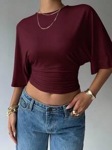 Aloruh Women's Casual Fashion Street Chic Solid Color Bat Sleeve Pleated Fitted Cropped T-Shirt, Summer,Red Top - Burgundy - View 4