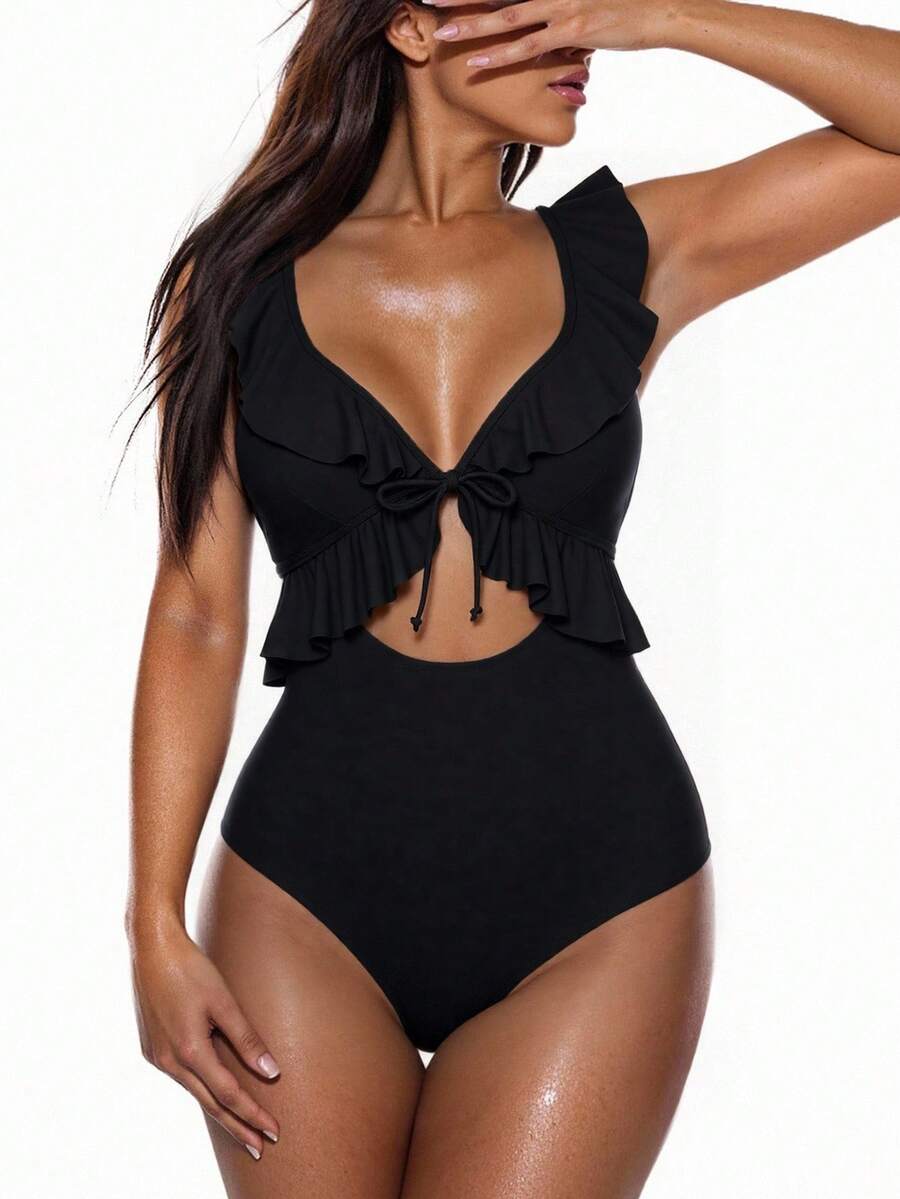 Oceva Summer Beach Ruffle Trim Cut Out Tie Front One Piece Swimsuit - Black - View 1