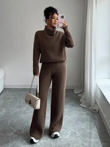Elenzga Elegant Casual Loose Camel Long Sleeve Knit Sweater And Pants Two Pieces Set, Suitable For Commuting, Autumn/Winter - Camel - View 5