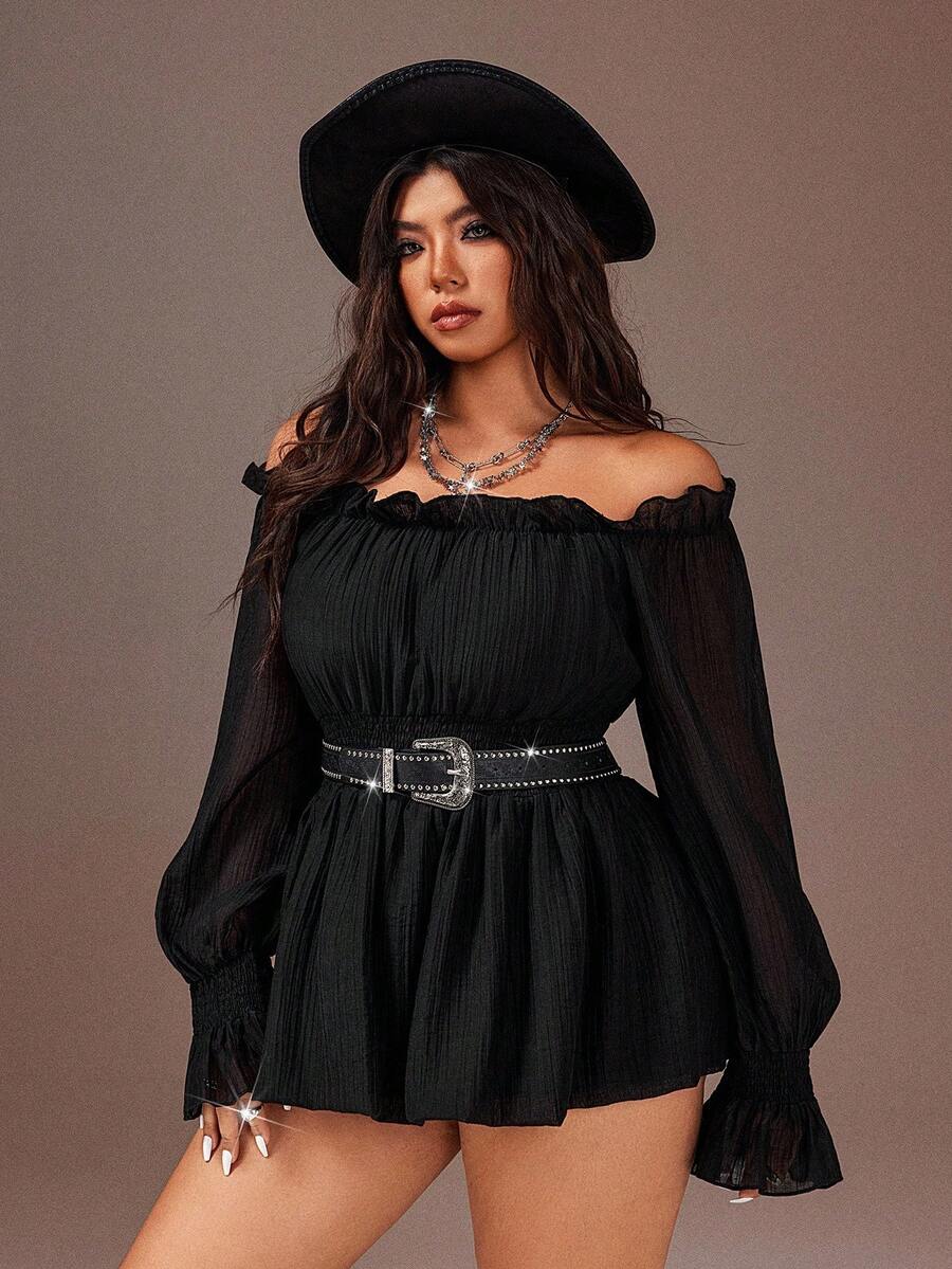 Rustia Plus Size Women Solid Color Casual Minimalist Off-Shoulder Blouse - Black - View 1