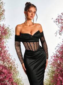 Glamrae 优雅奢华露肩亮片和珍珠装饰弹力针织美人鱼裙，适合婚礼、派对、度假、庆典、正式活动（重型） - 黑色 - 查看 6