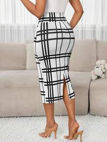 SHEIN Lady Váy midi đan kẻ caro nhiều màu thanh lịch dành cho nữ công sở thường ngày - trắng - Xem 2