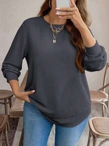 SHEIN LUNE Áo nỉ dài tay tối giản màu trơn cỡ lớn dành cho nữ mặc hàng ngày, trang phục thiết yếu cho ngày lễ - Màu xám đen - Xem 4