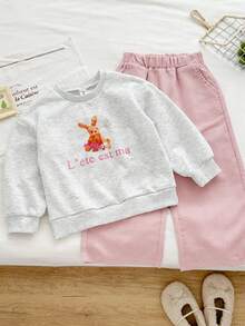 Genkimix Kids Genkimix Young Girl Girls Light Gray Sweatshirt And Pink Corduroy Loose Pants 2-Piece Set, Rabbit Print Design, Cute And Fun Style, Sweetly Casual And Comfortable, Soft Fabric, Suitable For Autumn, Winter, Spring, Suitable For Outings, School, And Casual Daily Wear - Light Grey - View 3