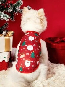 PETSIN 1件宠物圣诞猫狗通用红色圣诞老人圣诞树麋鹿全卡通插画可爱印花弹力舒适狗狗圣诞背心 - 彩色 - 查看 4