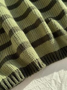 Comfortcana Plus Size Plus Size Striped Raglan Sleeve Long Sleeve Casual Sweater, Autumn/Winter - Green - View 6