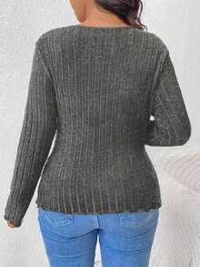 SHEIN Frenchy Plus Size Casual Ribbed Crew Neck Fitted T-Shirt - Grey - View 2