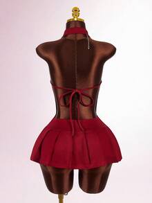 Amplova 深 V 领金属腰带扣装饰开衩褶皱紧身连衣裤 - 酒紅色 - 查看 3