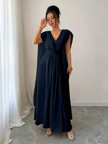 Elenzga Women's Solid Color Splicing Ribbon Decor V-Neck Waisted Long Dress - Navy Blue - View 4