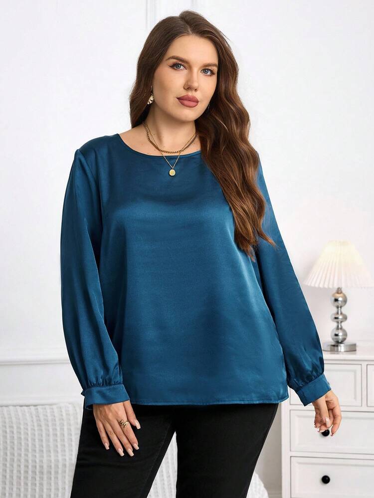 Plus Size Women Fall Elegant Casual Blue Round Neck Long Sleeve Elegant Long Sleeve Blouses Top , Autumn/Winter, Going Out, 2025 New ,Simple And Fashionable For Everyday Wear, Plus Size Winter , Satin Blouses For Women, Blue Long Sleeve Top, Teal Blue Top, Christmas For Women ,New Year