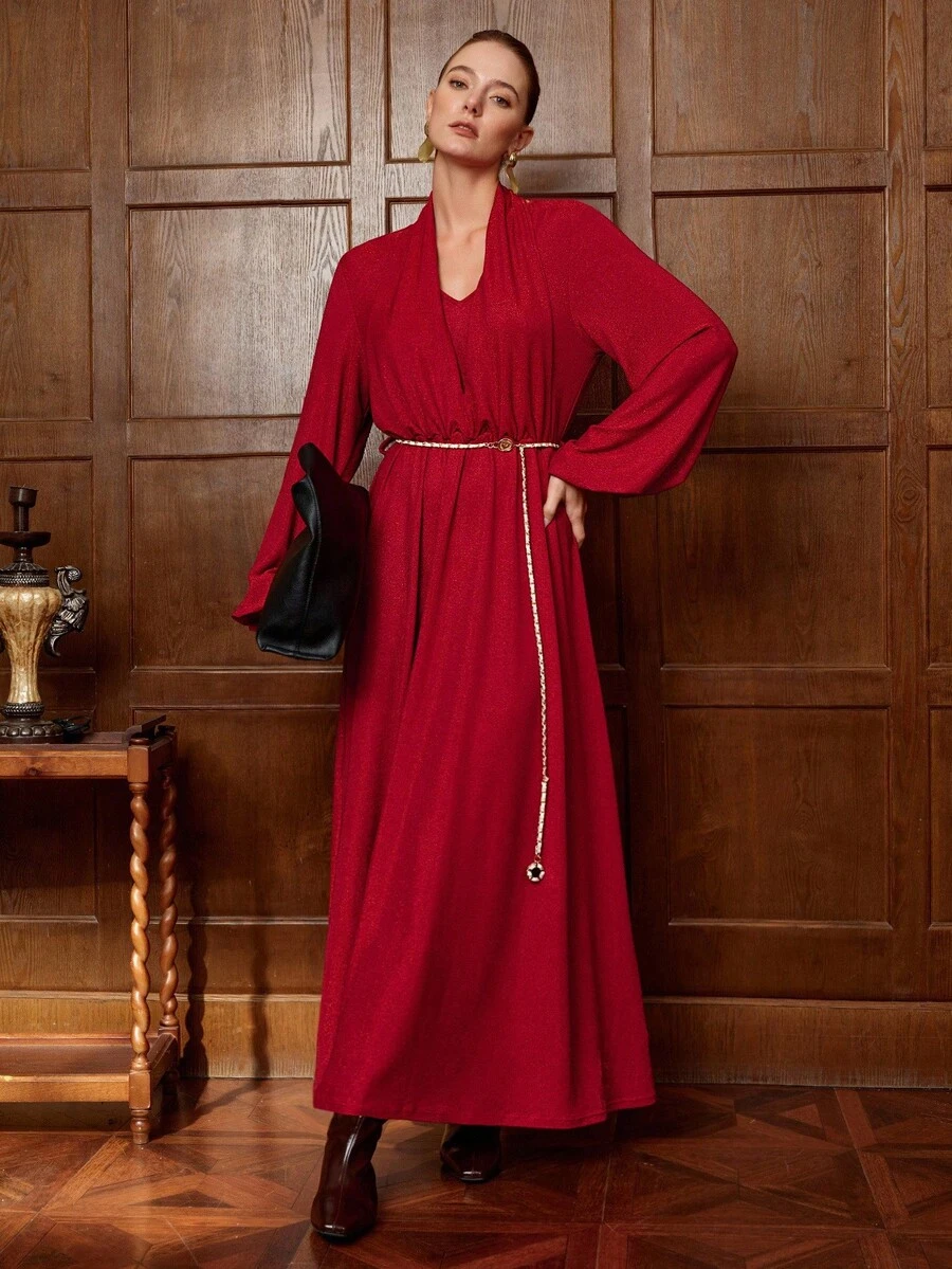 Aalyst Damen glänzendes, elastisches Kleid mit V-Ausschnitt, ärmellos, geraffter Taille und Metallic-Ketten-Gürtel, elegantes, vintage französischer Street-Style Maxikleid, geeignet für Weihnachten, Halloween, Thanksgiving, Nachmittagstee-Party, Herbst/Winter - Bordeaux - Übersicht 1