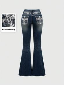 ROMWE PETITE Y2K Retro Midriff-Baring Pocket Cross Embroidery Fitted Flare Leg Women Low Waist Jeans - Navy Blue - View 1