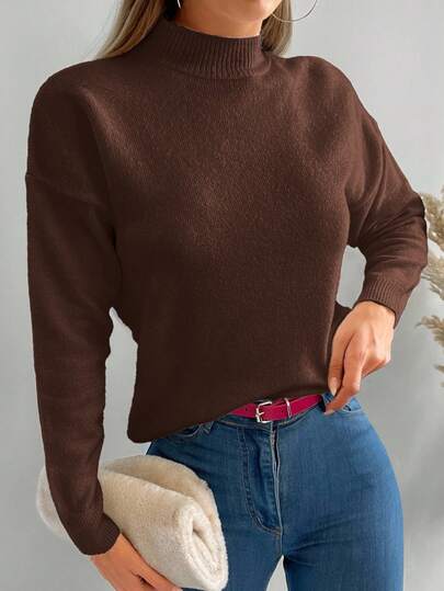 SHEIN Women's Casual Solid Color Drop Shoulder Crew Neck Sweater