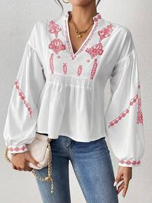 EMERY ROSE 女式褶皱图案印花长袖纽扣衬衫荷叶边上衣 - 粉色 - 查看 5