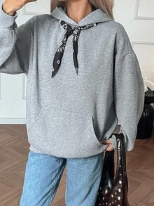 Livesso 2件套女士格子拼接连帽卫衣和围巾披肩，宽松商务休闲办公装，保暖秋冬连帽衫 - 灰色 - 查看 6