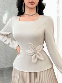 Feyla 女式方领长袖花卉装饰褶边优雅连衣裙 - 杏色 - 查看 6