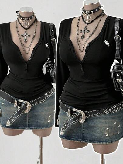 Sunspun V-Neck Button Front Embroidered Horse Logo Long Sleeve Slim Fit Waist Cinched Blouse, Versatile For Commuting, Plus Size